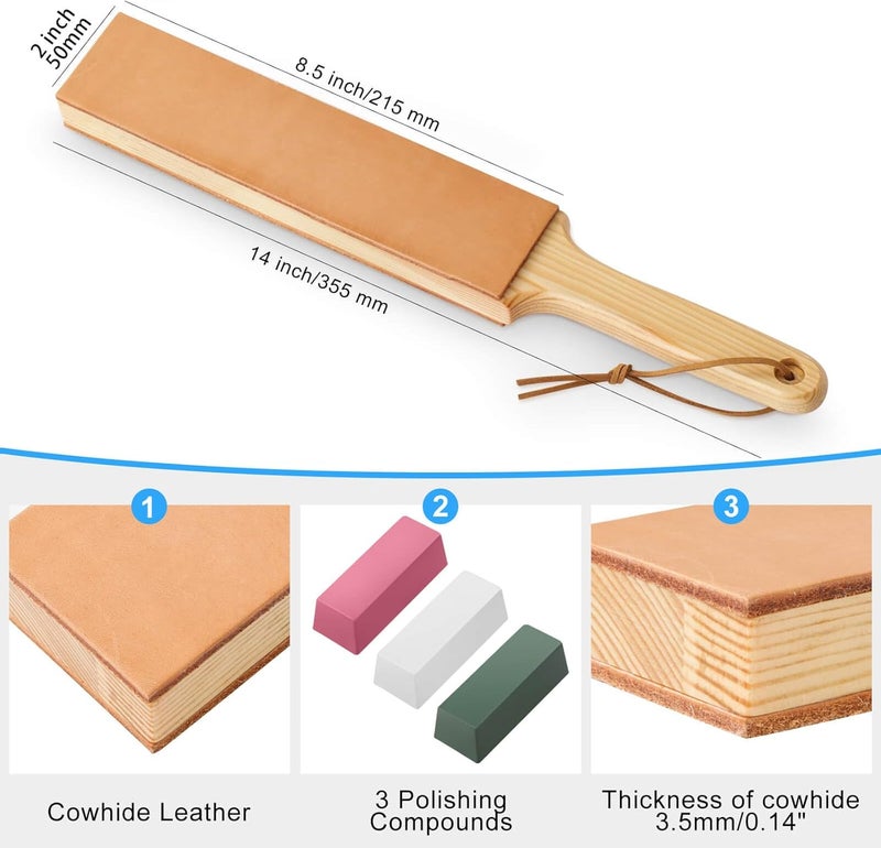 Angerstone Double Side Leather Strop for Knife Sharpening - 14"x 2" Stropping Block Kit with Polishing Compound, Knife Strop with Ergonomic Handle for Honing Knives, Woodworking Chisels - Image 2
